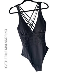 NWT | CATHERINE MALANDRINO BLACK STRAPPY BACK DEEP V-NECK ONE PIECE | LARGE